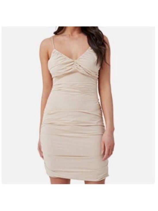 4TH & RECKLESS Rogue Cream Ruched Bodycon Mini Dress M Criss Cross Back NWT - Picture 5 of 12